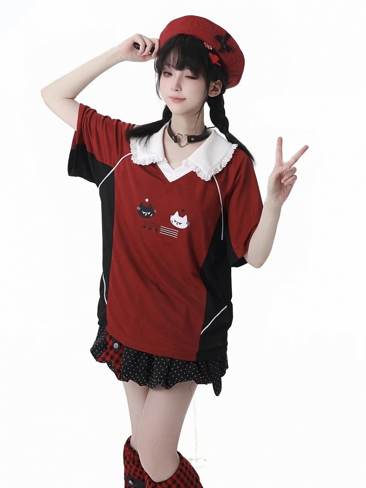 Red and Black Colorblock Pointed Flat Collar Cute Kitten Print Blokette Core T-shirt