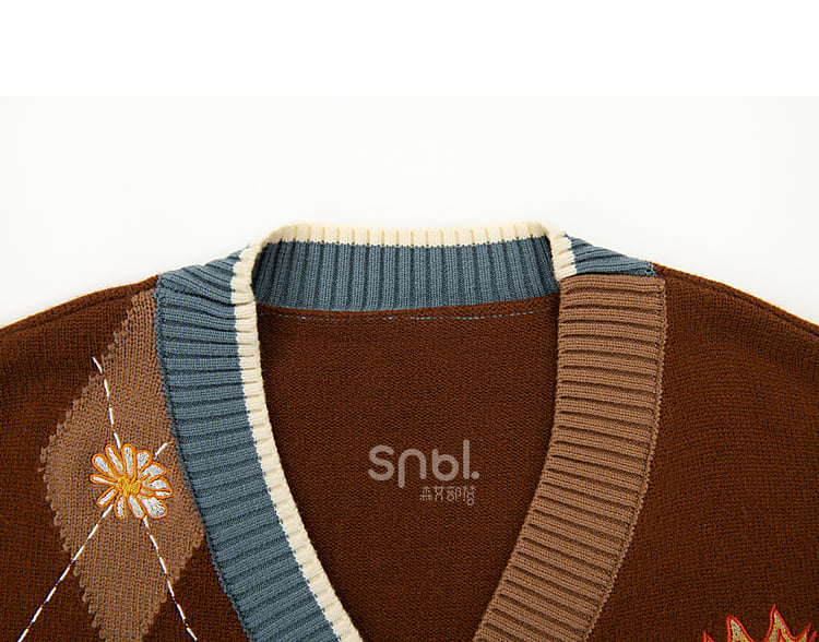 Daisies and Bunny Embroidery Brown Cardigan