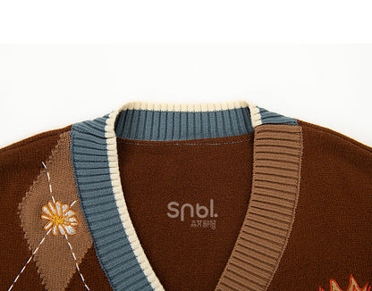Daisies and Bunny Embroidery Brown Cardigan