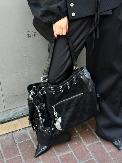 Black Studded Soft Tote Bag With Large Capacity&Adjustable Straps