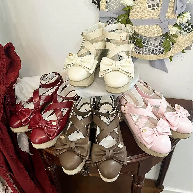 PU Red Sweet Lolita Platform Mary Janes - Crisscross Straps with Wood Grain Sole & Bow at Top