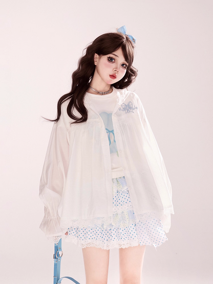 Seashell and Pearl Print White Round Neck Slim-fitting T-shirt