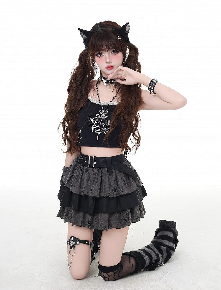 Gray Distressed Holes Lined Tiered Skirt