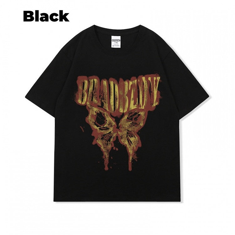 Dark Gray/Brown/Black/White Butterfly Print Vintage Loose T-Shirt