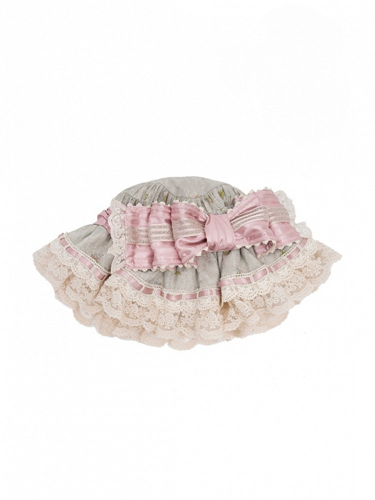Cream/Green/Pink Lace-Trimmed Sweet Lolita Hat with Bow Accent