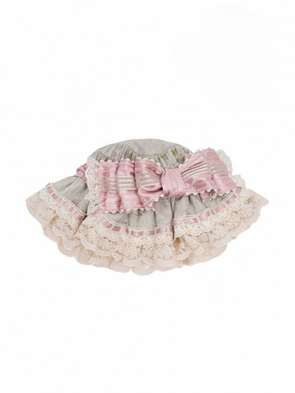 Cream/Green/Pink Lace-Trimmed Sweet Lolita Hat with Bow Accent