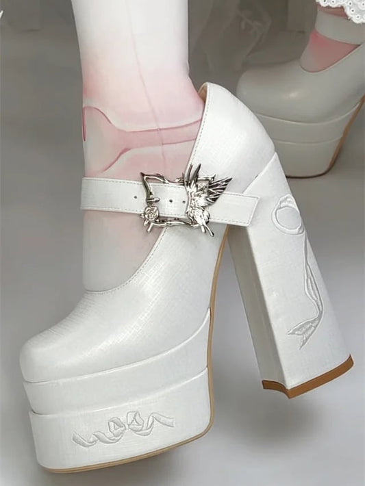 Bowknot Embroidery Butterfly-shaped Buckle White Platform Mary Janes High Block Heels