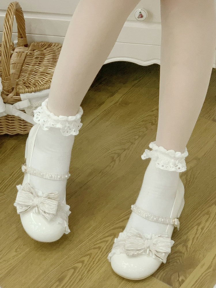 White Beaded Decorated Bow at Top 2.5CM/5CM Block Heels Round Toe Shoes