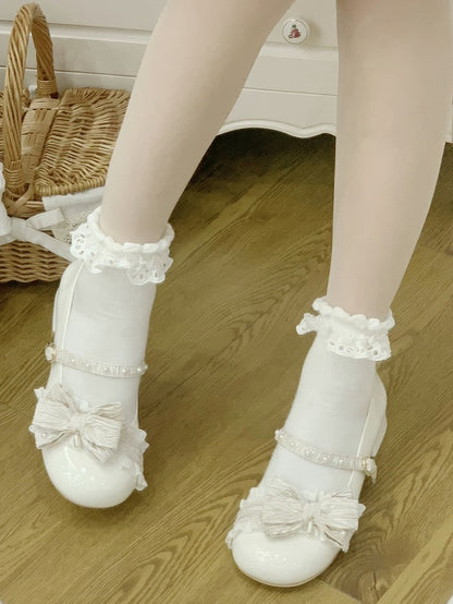 White Beaded Decorated Bow at Top 2.5CM/5CM Block Heels Round Toe Shoes