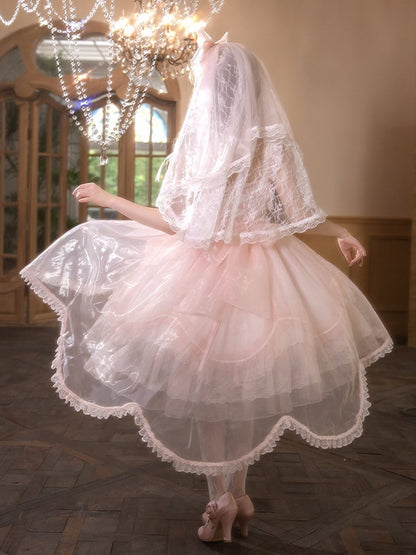 Pink Scalloped Edge Trim Overlay Skirt Princess Lolita Jumper Skirt