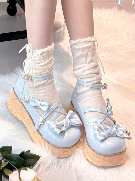 Striped Bow Accents Blue Round Toe Sweet Lolita Platforms Buckle Straps