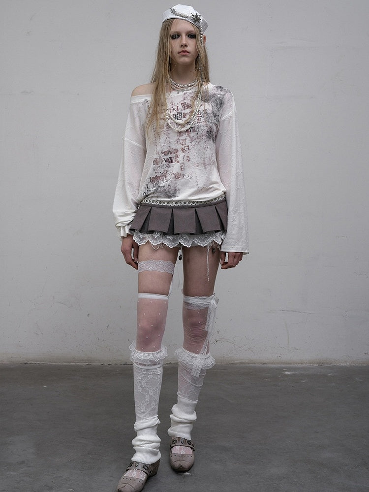 Blue/Beige Wasteland Punk Letter Print Asymmetrical Neckline Long Sleeves Top