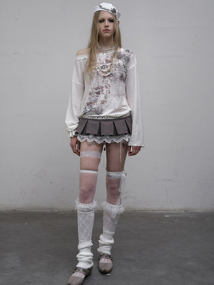 Blue/Beige Wasteland Punk Letter Print Asymmetrical Neckline Long Sleeves Top