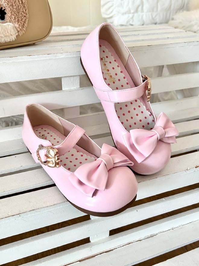 Pink Bow at Top Sweet Lolita Flats with Hugging Bear Heart Buckles
