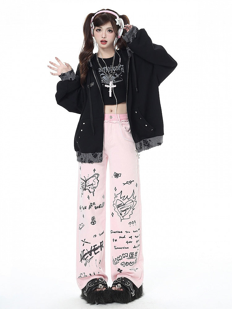 Graffiti Design Pink High Waist Wide-leg Jeans