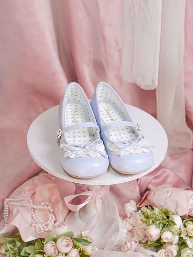 Blue Knotted Bow Accent Lace Trim 2.2CM/4.3CM Heels Round Toe Mary Janes