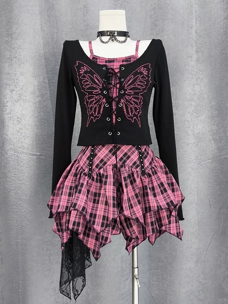 Y2K Lace-up Front Butterfly Print Black and Pink Plaid Top Faux Two-pieces