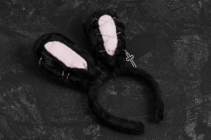 Pins Cross Details Gothic Black Plush Bunny Ears KC