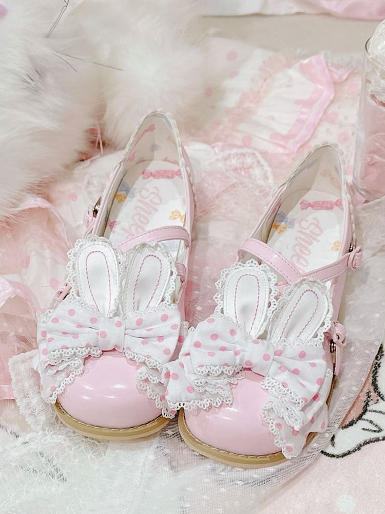 Pink&White Crisscross Design Bunny Ear Polka-dot Pattern Bow at Top Lolita Shoes