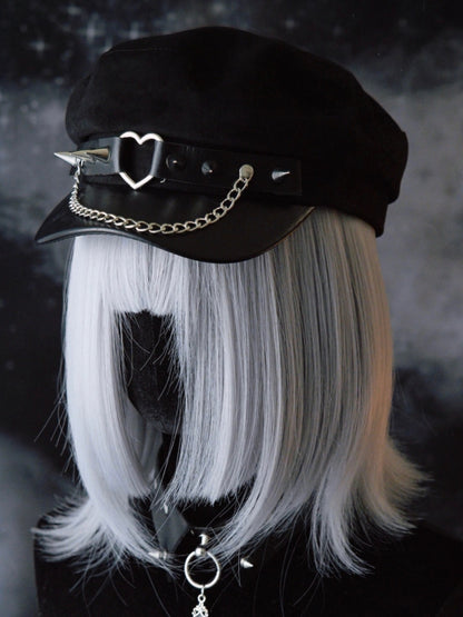 Black Gothic Heart Ring Chain Charm Studs Details Beret Hat