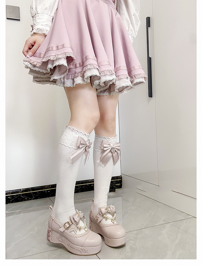 Dusty Pink Bow Detail Front Heart Rhinestone Jirai Kei Under Knee Stockings