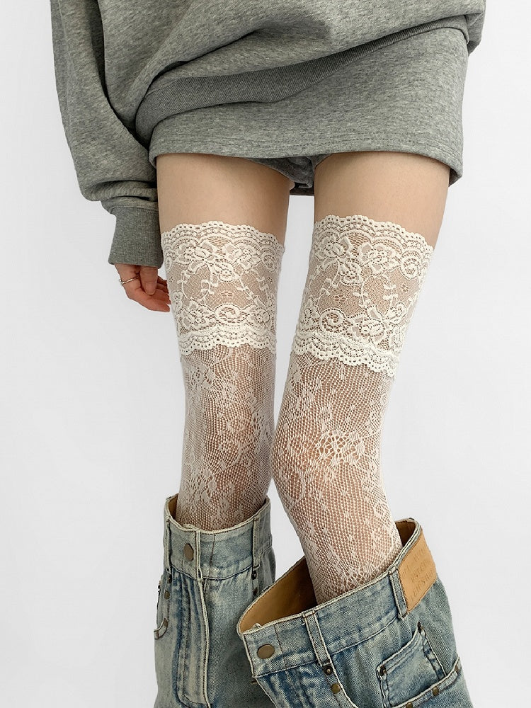 Gray/White/Brown/Blue/Black Lace Trim Hollow-out Design Over-knee Stockings