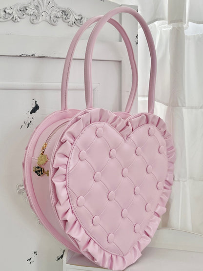 Pink Ruffle Trim Quilted Heart Bag – Elegant Lolita Style Handheld Purse