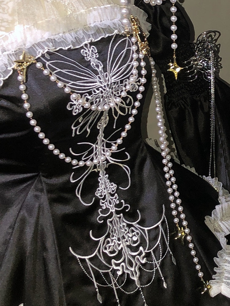 Black / Red / White Heart Brooch with Bead Chains