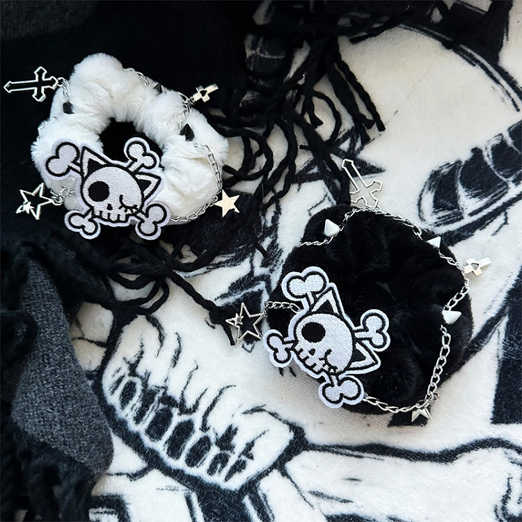 Black/White Skeleton Applique Gothic Plush Scrunchie