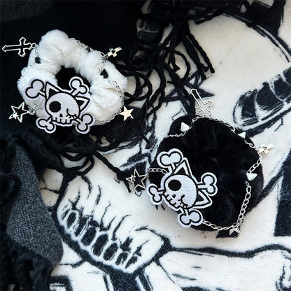 Black/White Skeleton Applique Gothic Plush Scrunchie