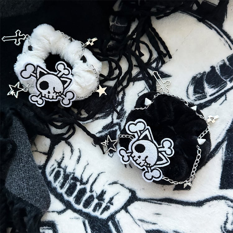 Black/White Skeleton Applique Gothic Plush Scrunchie