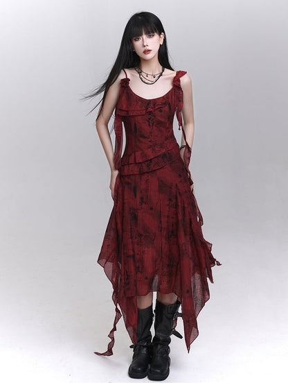 Red Cascading Ruffles Handkerchief Hem Sleeveless Dress