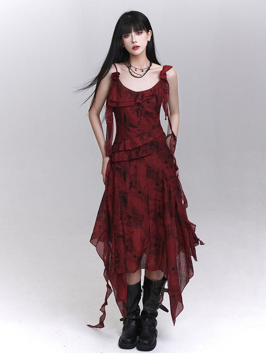 Red Cascading Ruffles Handkerchief Hem Sleeveless Dress