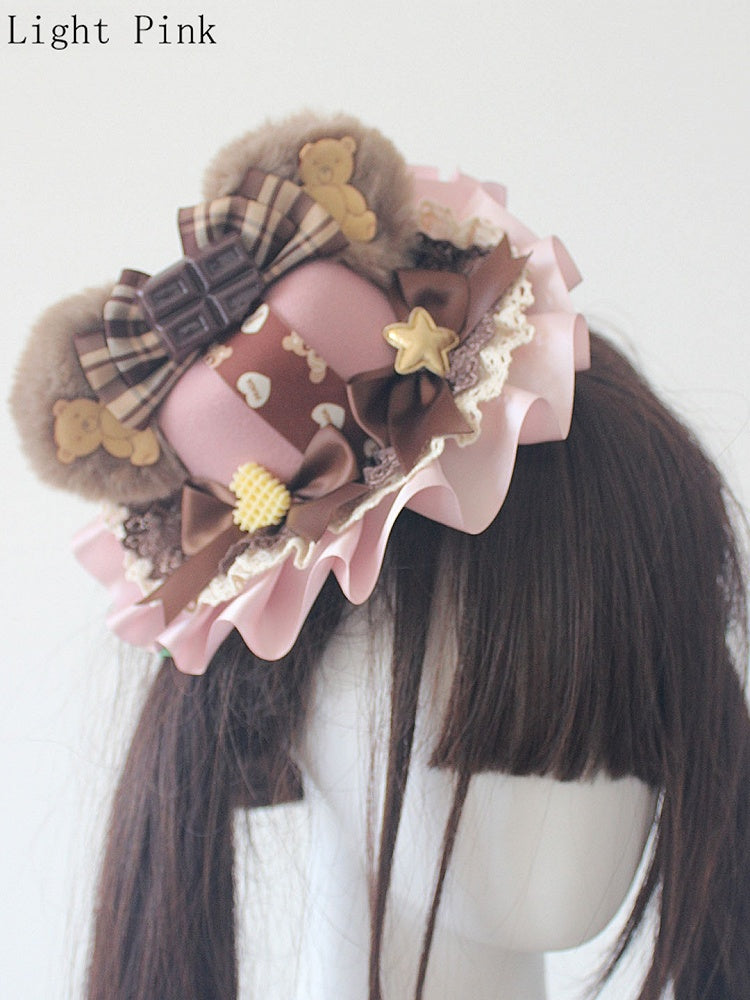 6 Color Options Chocolate Decorated Bowknot Details Plush Bear Ear Mini Hat