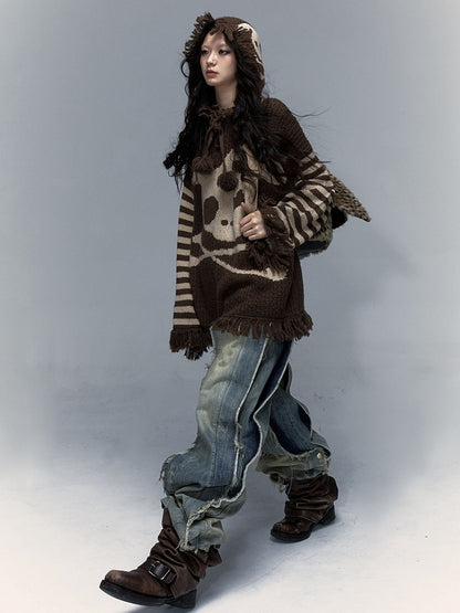 Khaki Skull Bunny Punk Loose Hooded Sweater with Striped Sleeves