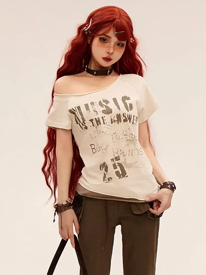 Apricot Asymmetrical Neckline Letter Print Slim-fitting T-shirt