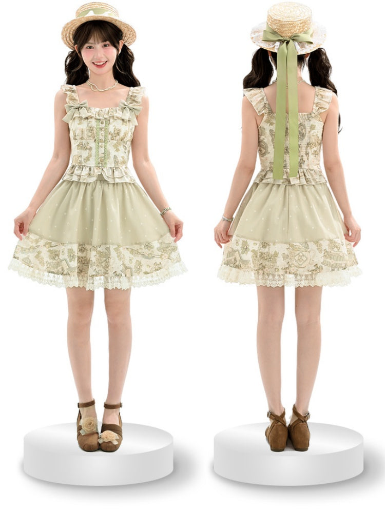 Light Green Vintage Grape Print Sleeveless Top with Detachable Bowknots