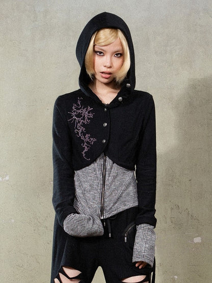 Black Punk Y2K Totem Rhinestone Hoodie Jacket with Gray Knit Hem & Cuffs