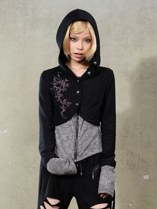 Black Punk Y2K Totem Rhinestone Hoodie Jacket with Gray Knit Hem & Cuffs