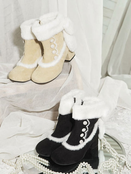 Black Sweet Lolita Mid-Calf Boots - Button Accents, Plush Bow & Furry Cuff with Inner Zip