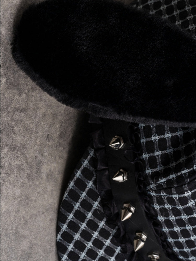 Black Gothic Studs Decorated Buckle Design Plush Puppy Ear Beret Hat