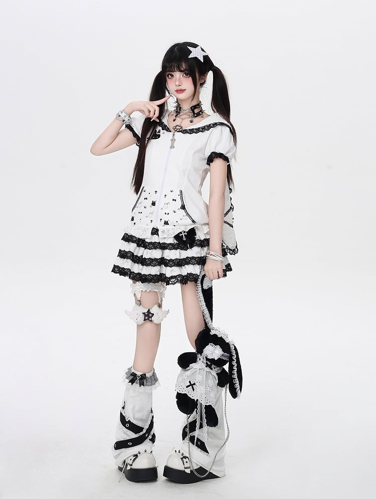 Bunny Ears Design Hood Lace Trim Black/White Jirai Kei Zip-up Jacket