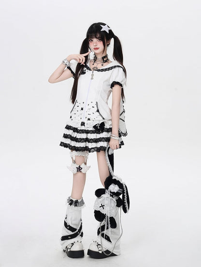 Bunny Ears Design Hood Lace Trim Black/White Jirai Kei Zip-up Jacket