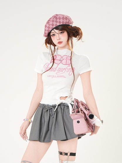 White/Black Mock Neck Self-tie Hem Letter and Number Print Slim-fitting T-shirt