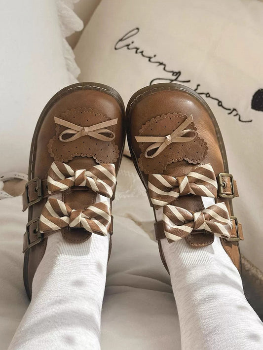 Brown Striped Pattern Bowknot Details Bear Design Lolita Flats