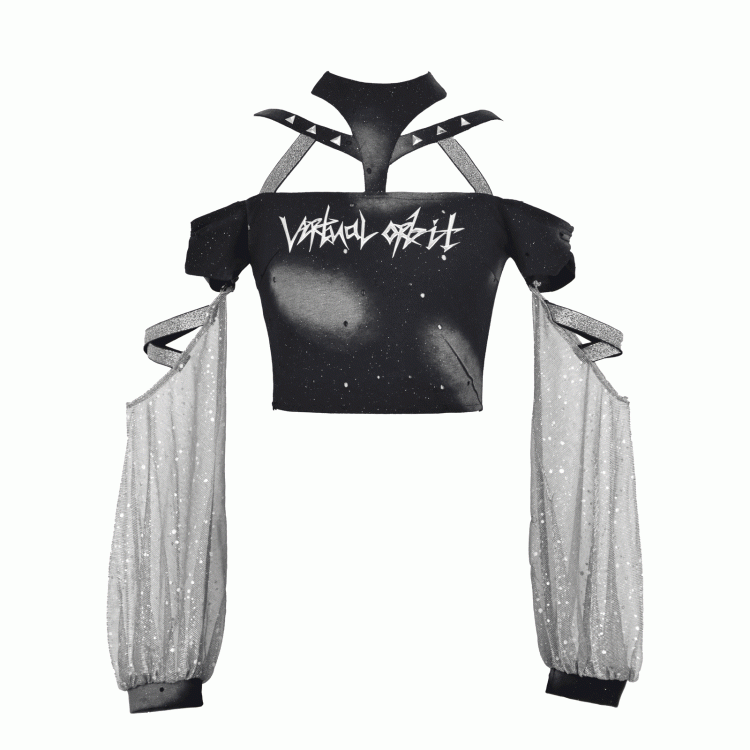 Y3K Fashion Futuristic Black Halter Neck Cyberpunk Cropped Top with Detachable Sleeves