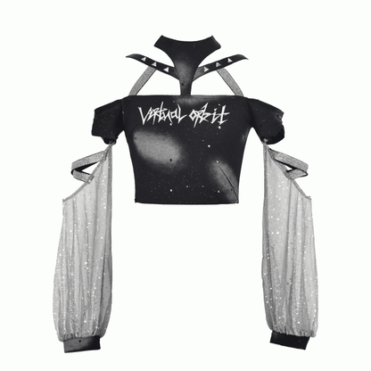 Y3K Fashion Futuristic Black Halter Neck Cyberpunk Cropped Top with Detachable Sleeves