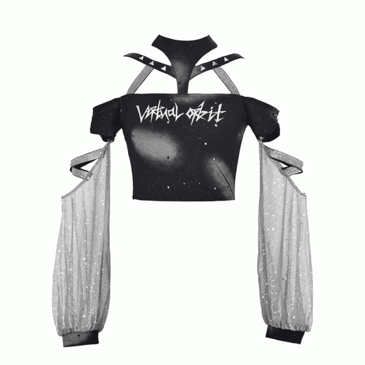 Y3K Fashion Futuristic Black Halter Neck Cyberpunk Cropped Top with Detachable Sleeves