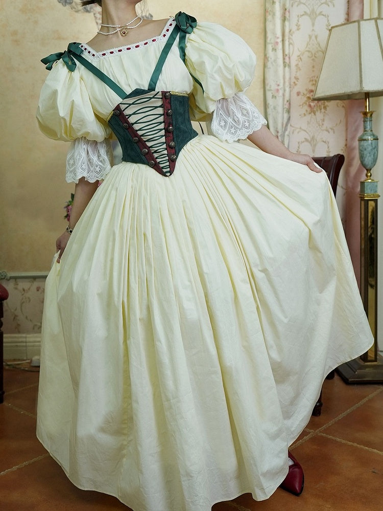 Bavarian Landhaus Historical Costume - Light Yellow Boned Bodice Top + Skirt + Corset Belt