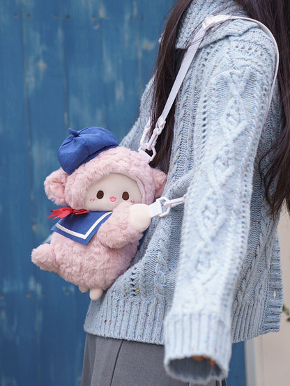 Cute Little Lamb Pink Plush Backpack/Crossbody Bag + Blue Hat + Sailor Collar Middle/Large Size